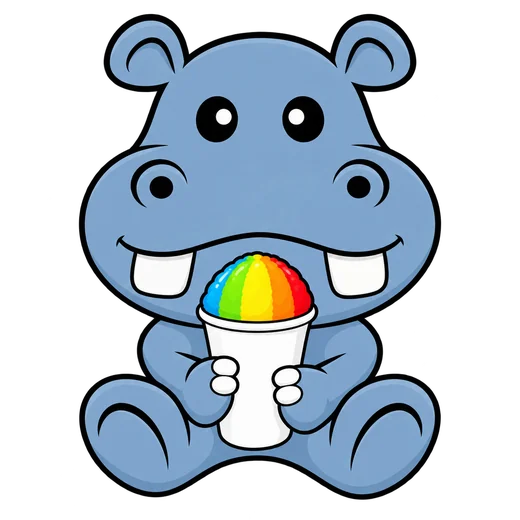 Happy Hippo mascot holding shaved ice.
