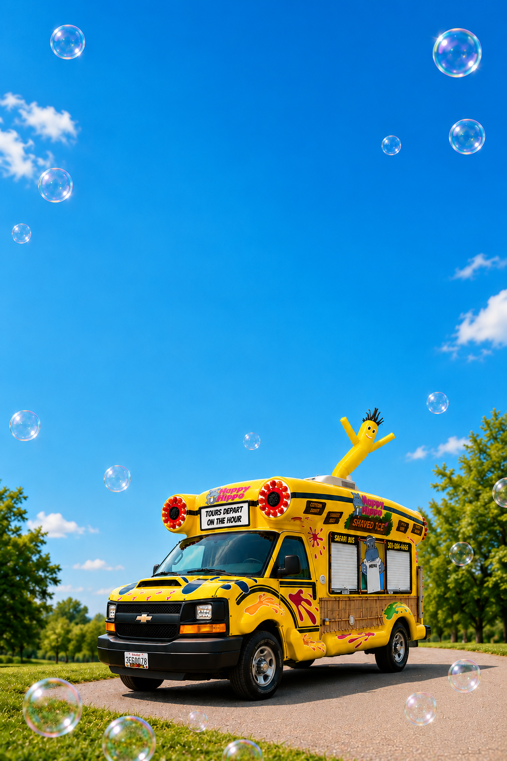 Happy Hippo safari bus with bubbles in a sunny park.